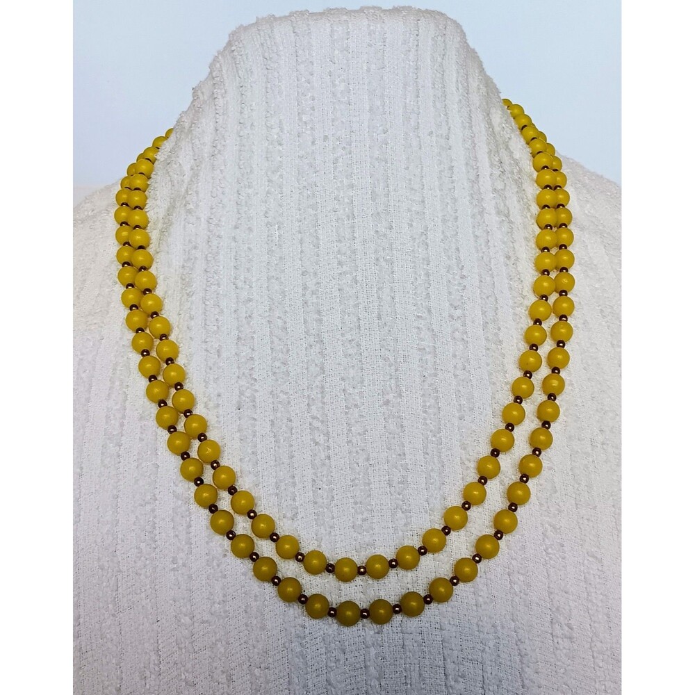 Vintage Yellow Plastic & Goldtone Spacer Bead Necklace 54 in